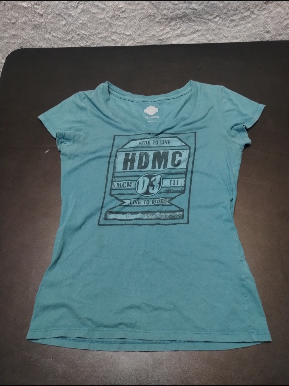 Harley-Davidson Teal Graphic Tee with Ride to Live Print V Neck Sz Small